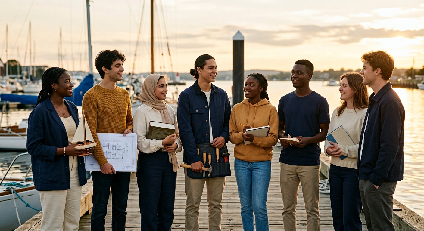 AHOY members gathered on a harbour pier